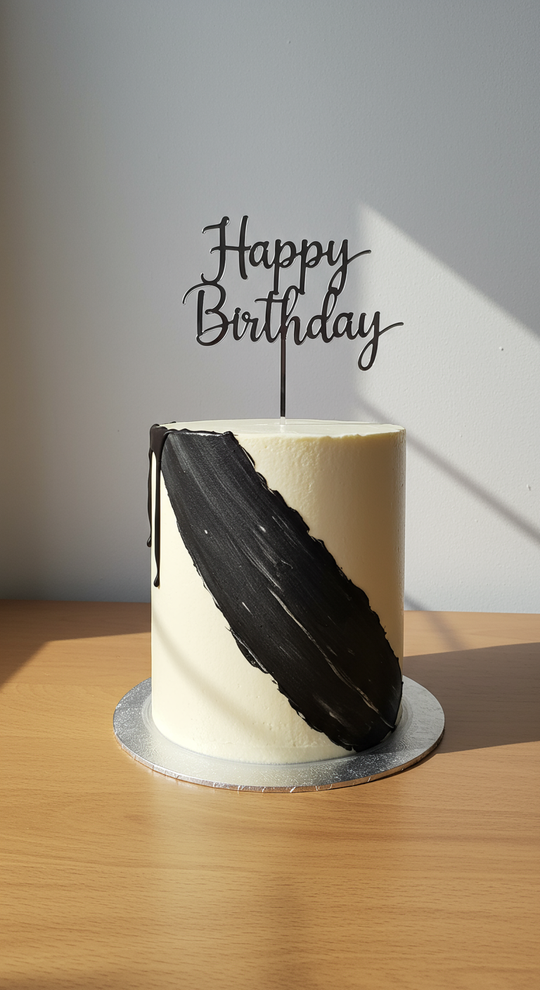 Weiße Torte mit einem breiten, schwarzen Pinselstrich und „Happy Birthday“-Topper.