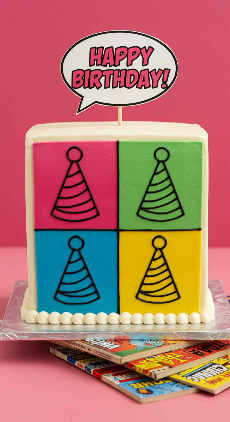 Quadratische Torte mit vier bunten Feldern (pink, grün, blau, gelb) und Partyhütchen-Motiven.