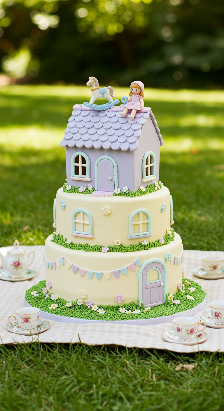 Dreistöckige Torte als pastellfarbenes Puppenhaus mit Figuren auf dem Dach.