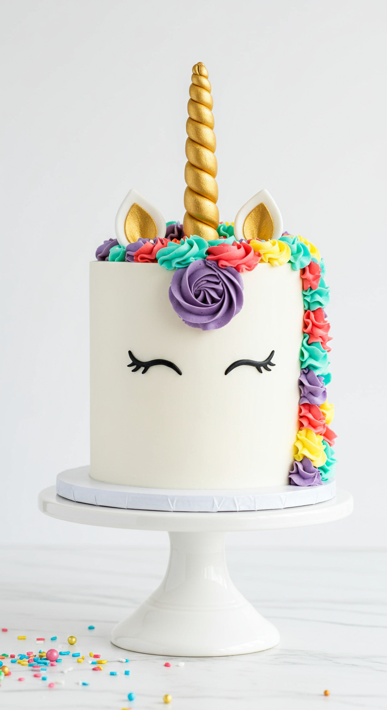 Weiße Einhorntorte mit bunter Regenbogen-Mähne und geschlossenen Augen.
