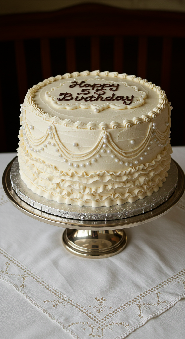 Klassische weiße Geburtstagstorte mit aufwendigen Buttercreme-Verzierungen und Perlen.