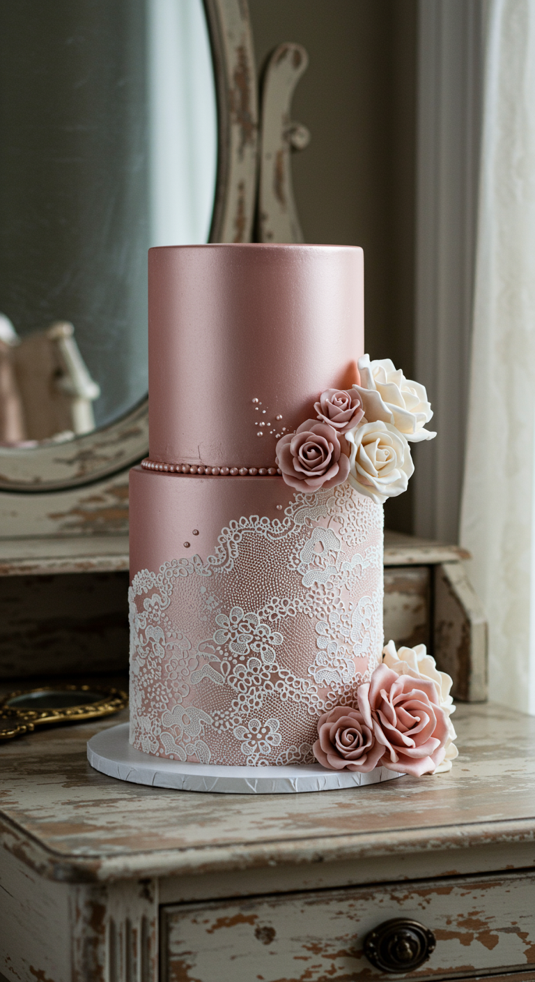 Zweistöckige roségoldene Torte mit weißem Spitzenmuster und Zuckerrosen.
