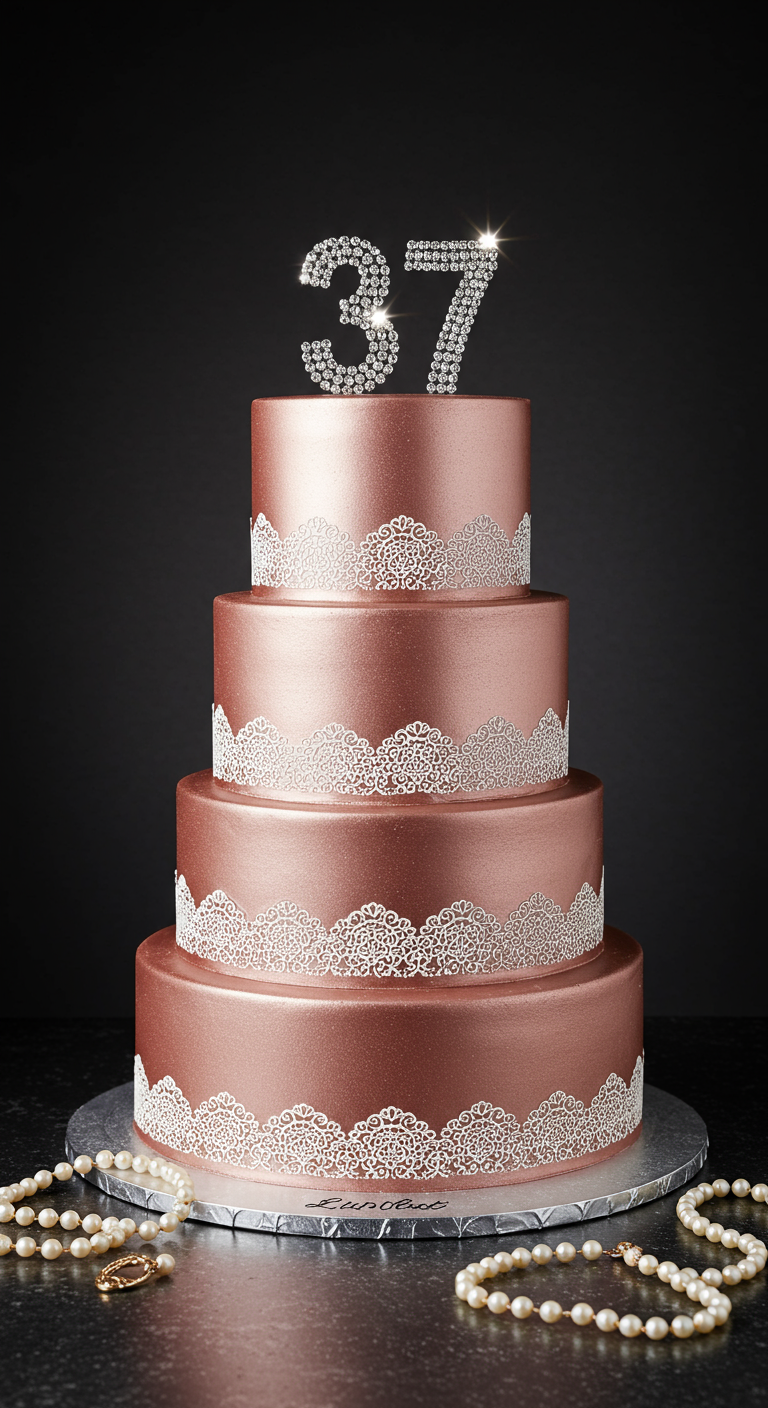 Vierstöckige roségoldene Torte mit weißer Spitze und glitzernder „37“.