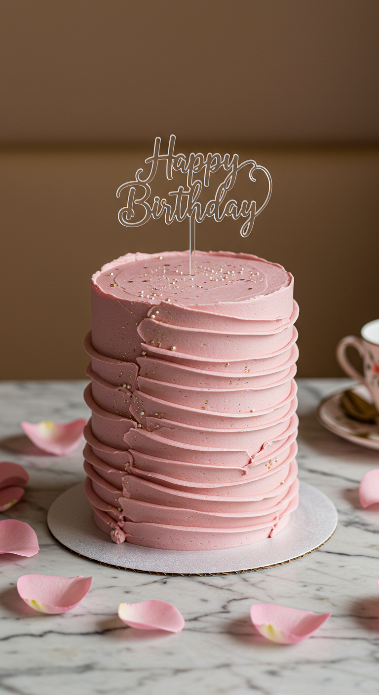 Rosafarbene Torte mit horizontalen Buttercreme-Rillen und Happy Birthday Topper.