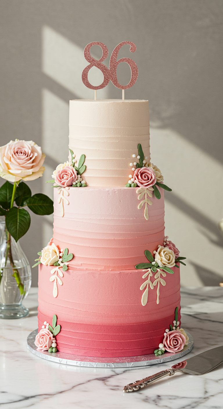 Dreistöckige Ombré-Torte in Rosatönen mit Zuckerrosen und
