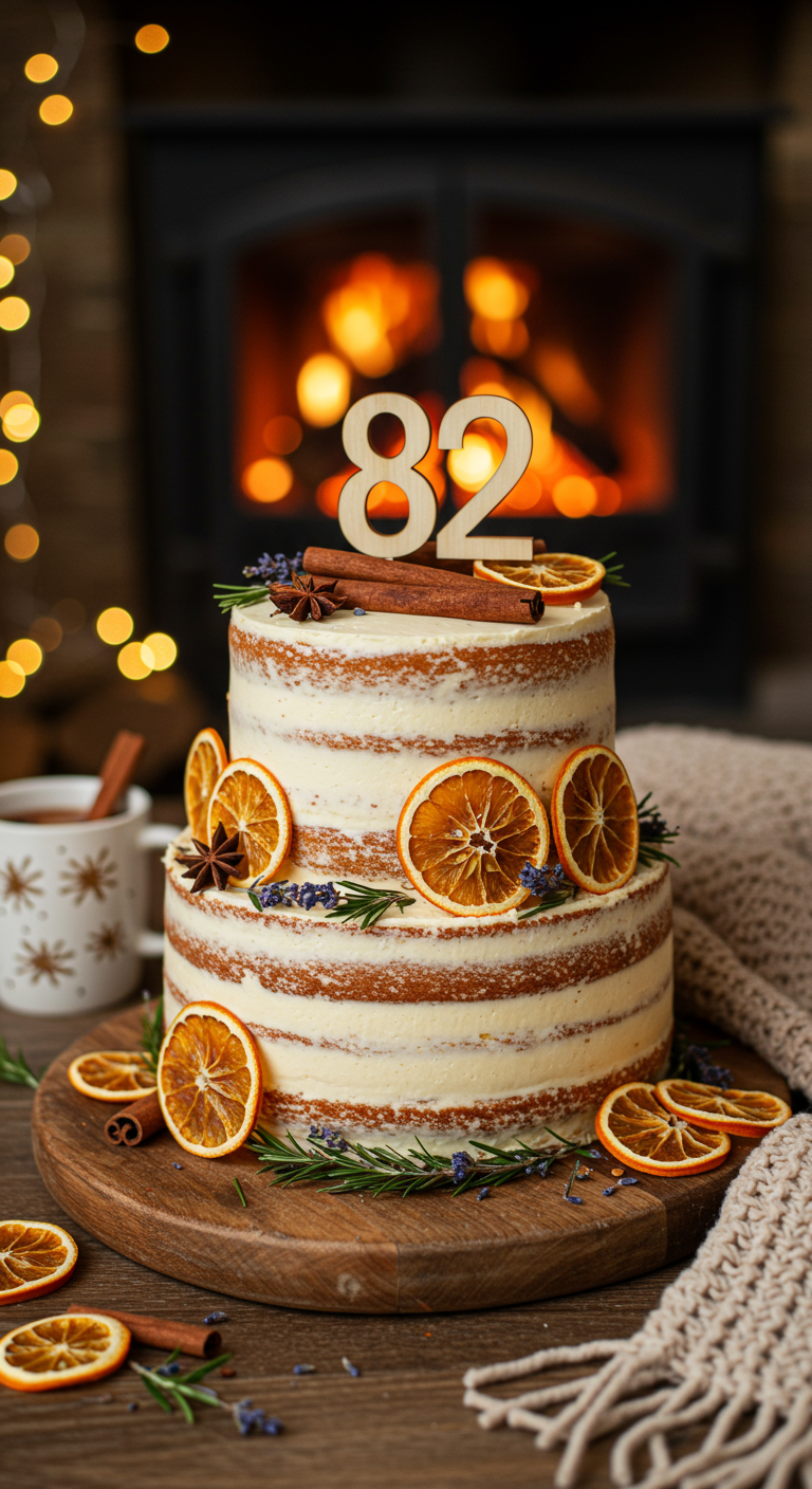 Naked Cake mit getrockneten Orangenscheiben, Zimt, Rosmarin und Zahl 82.