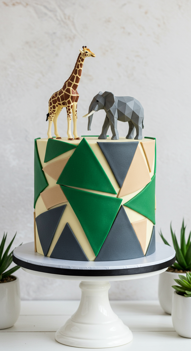 Moderne Torte mit geometrischen Mustern und Safari-Tierfiguren