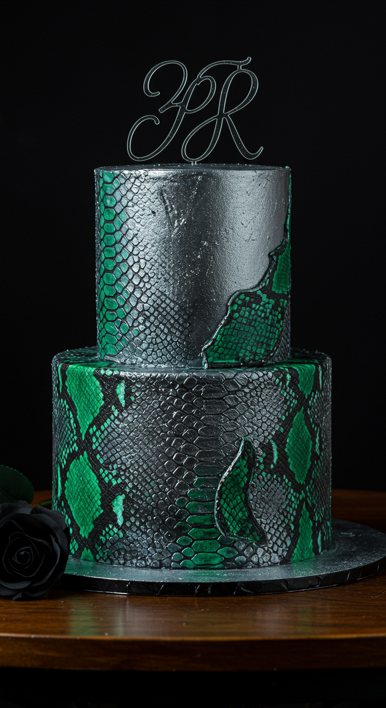 Zweistöckige Torte mit smaragdgrüner und silberner Schlangenhaut-Textur.