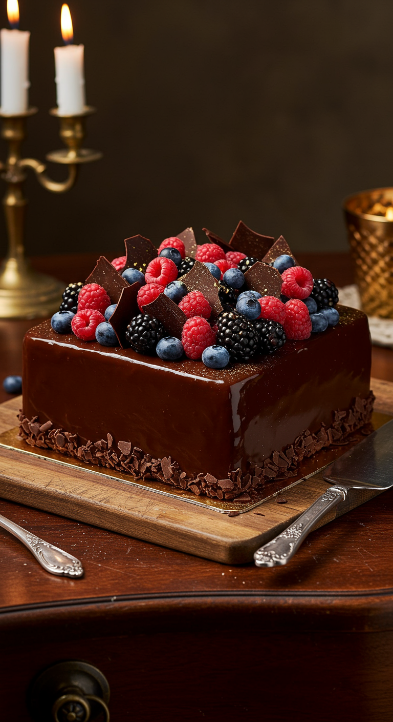 Quadratische Schokotorte mit frischen Beeren und Schokostückchen.