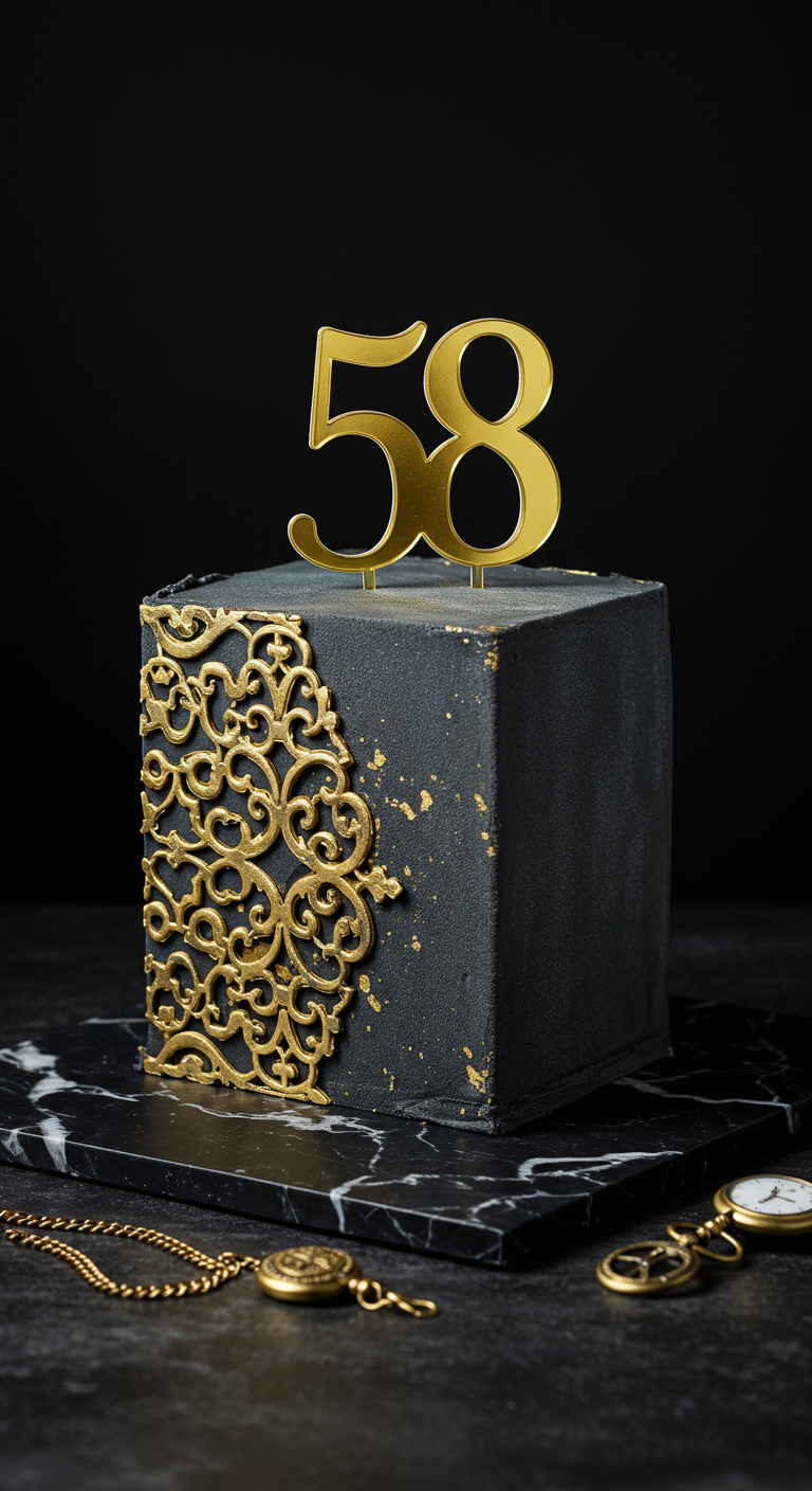Quadratische, schwarze Torte mit goldenem Ornament an der Seite und goldener Zahl 58 oben.