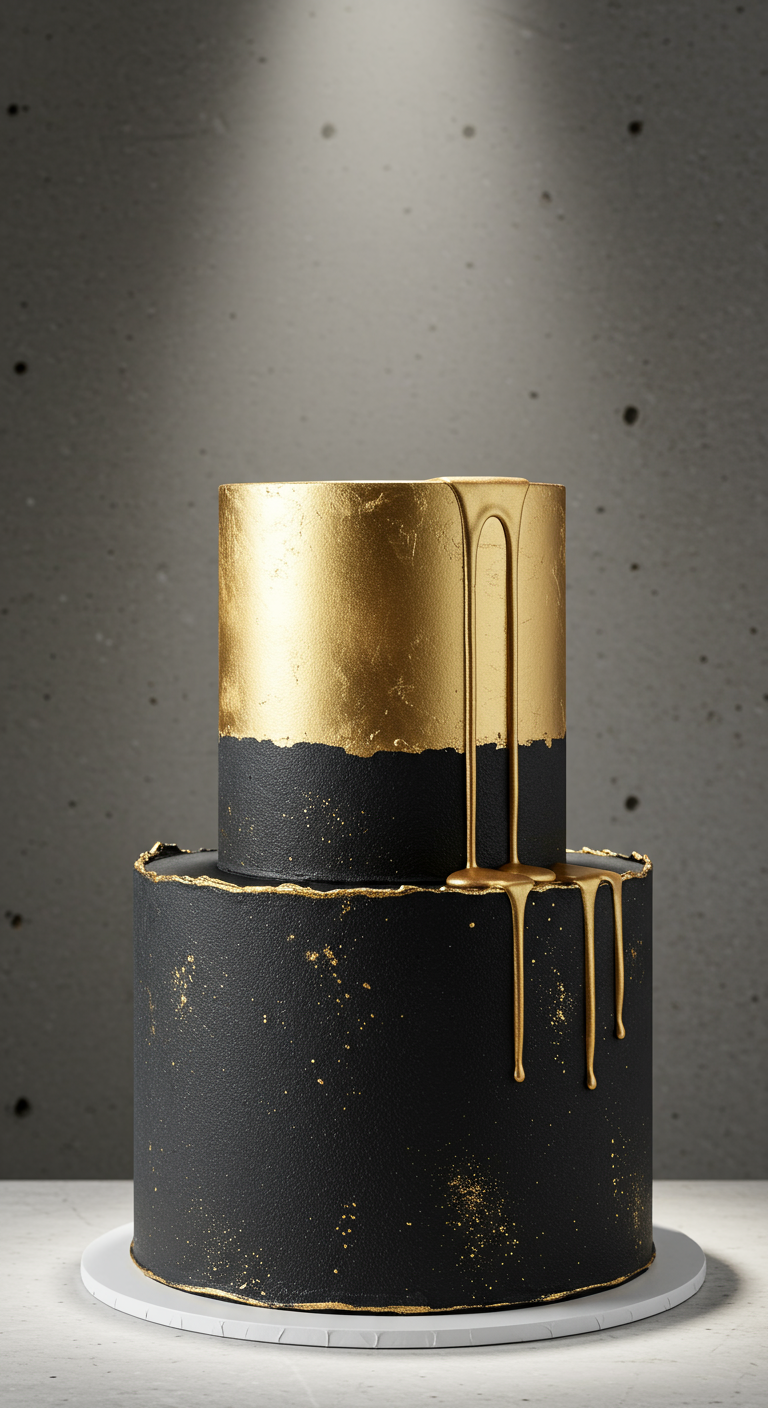 Schwarze zweistöckige Torte mit dramatischem Gold-Drip von der oberen Etage.
