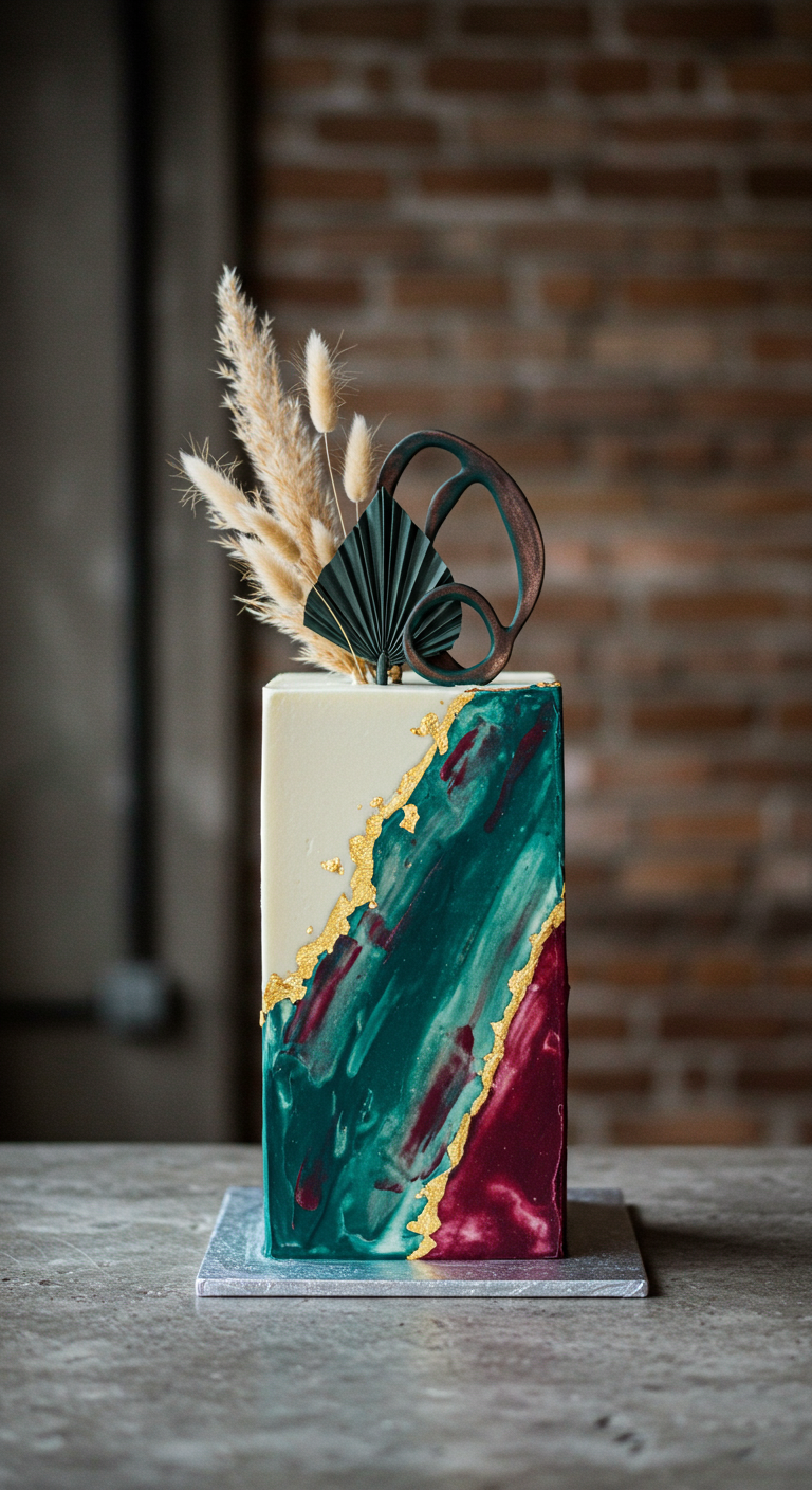 Rechteckige Torte mit smaragdgrüner, bordeauxroter und weißer Marmorierung, Goldakzenten.