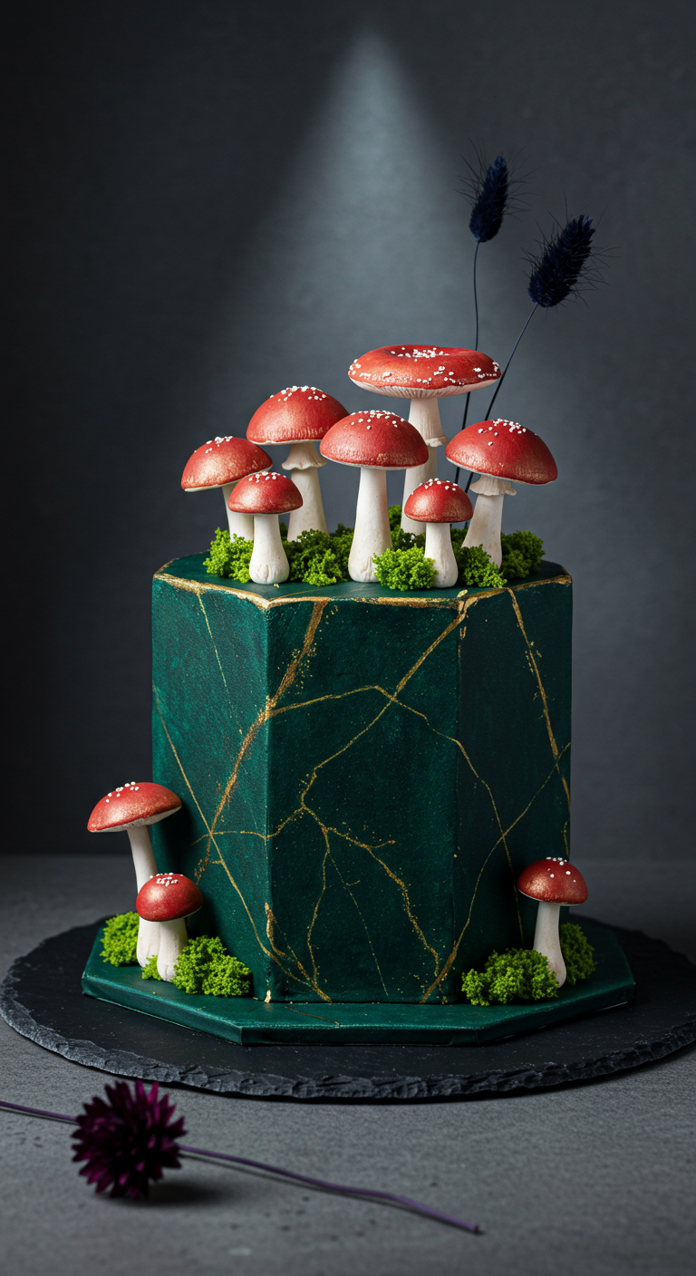 Dunkelgrüne eckige Torte mit goldenen Linien und roten Marzipanpilzen.