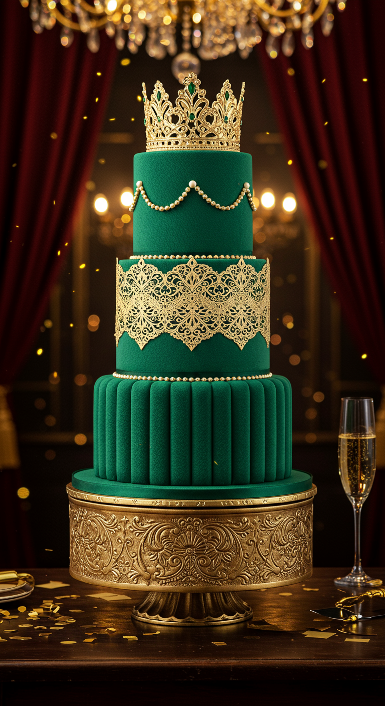 Vierstöckige, smaragdgrüne Torte mit goldenen Ornamenten, Perlen und einer Krone.