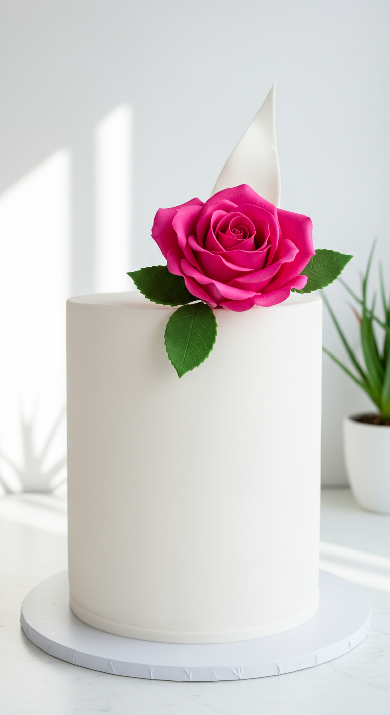Schlichte weiße Torte mit einer einzelnen großen, leuchtend pinken Zuckerrose und zwei Blättern.
