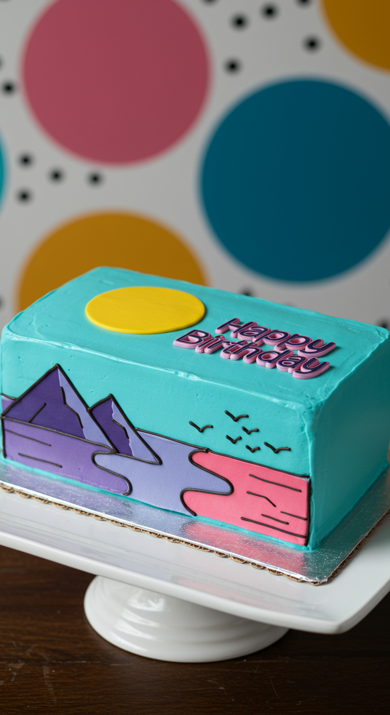 Rechteckige, türkise Memphis-Torte mit stilisiertem Bergpanorama.