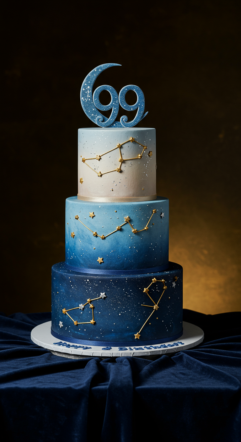 Dreistöckige Torte mit Sternenhimmel-Motiv und goldener 99.