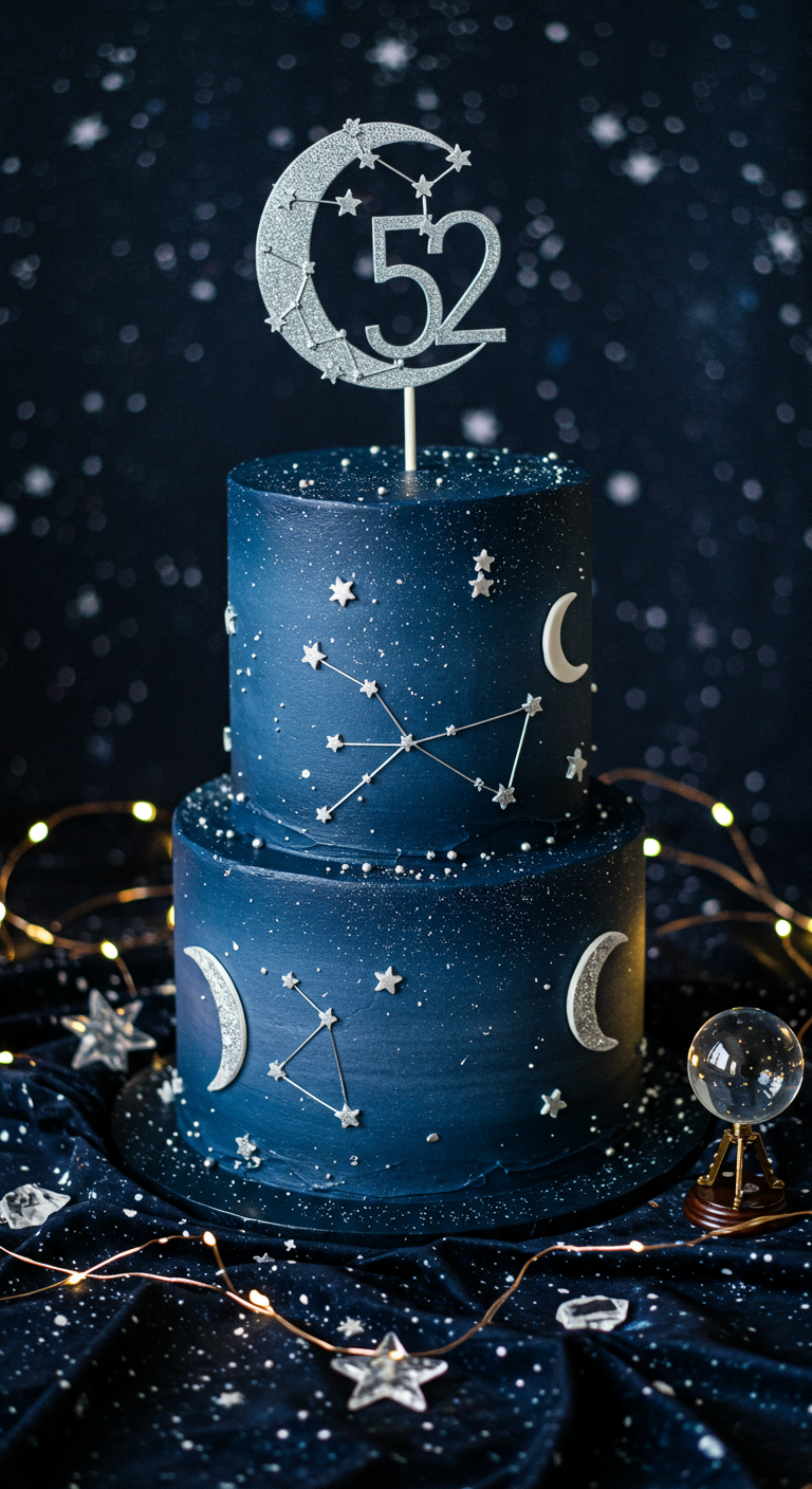 Zweistöckige dunkelblaue Galaxie-Torte mit Sternen, Monden und 52-Topper.