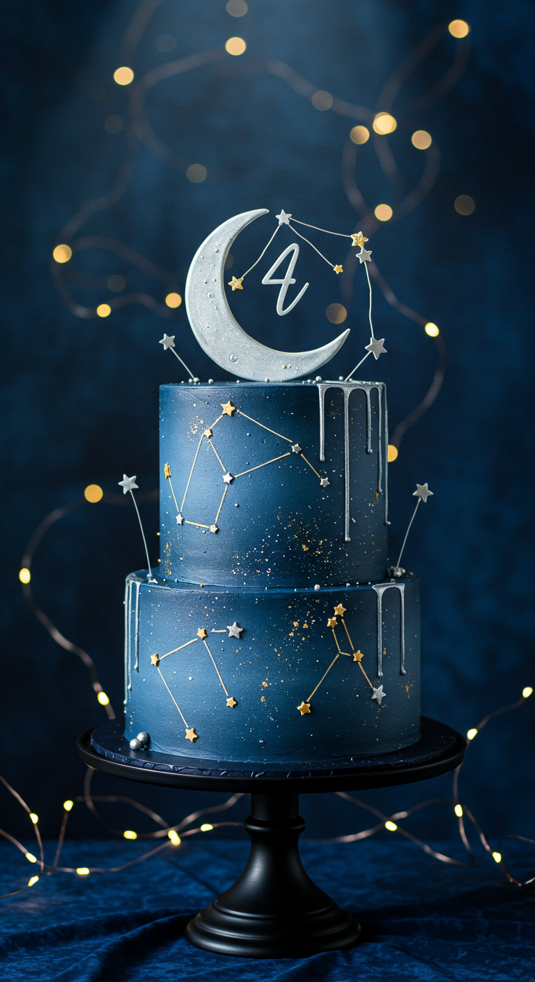 Zweistöckige dunkelblaue Torte mit Sternen, Mond-Topper und Silber-Drip.