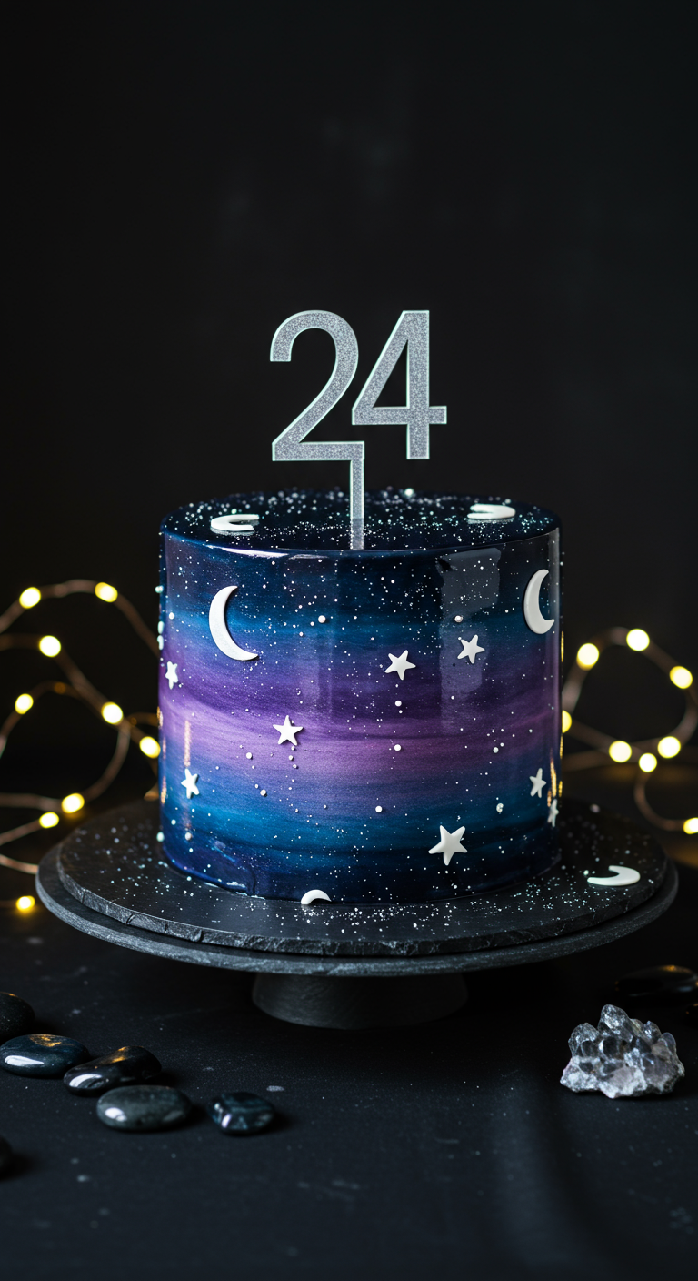 Galaxy Mirror Glaze Torte in Blau- und Lilatönen mit Sternen, Monden und Zahl 24 Topper.