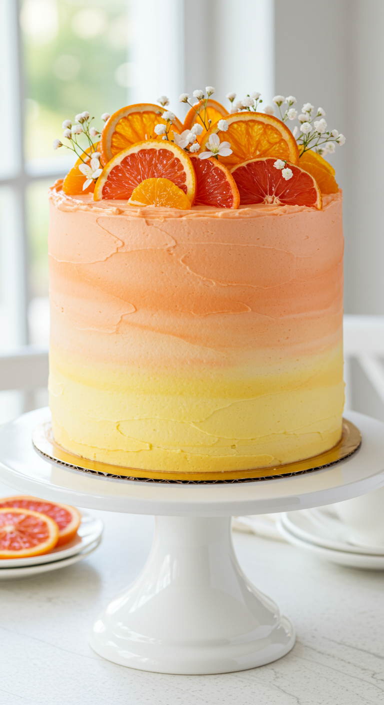Hohe Torte mit orange-gelbem Ombré-Effekt und Blutorangenscheiben.