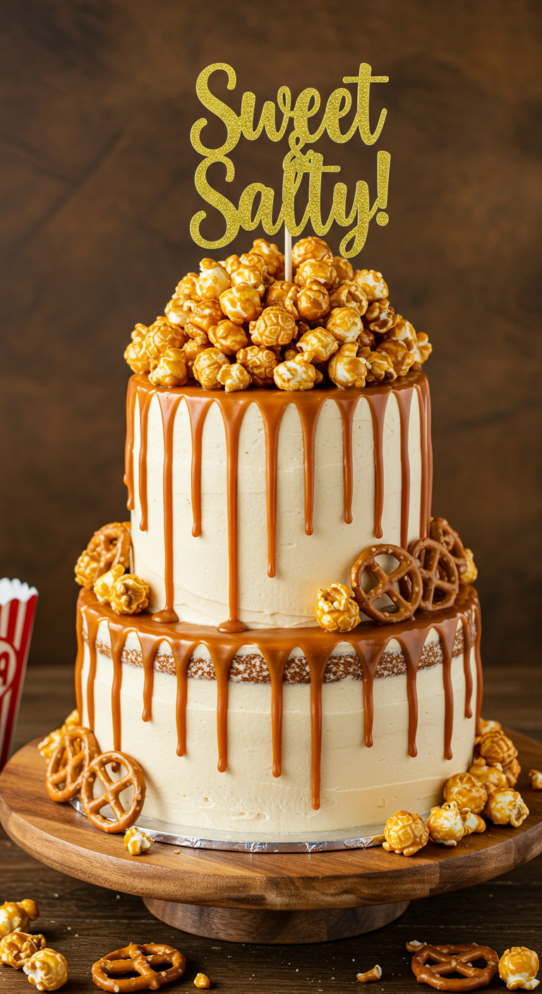 Zweistöckige Karamelltorte mit Popcorn, Brezeln und 'Sweet Salty'-Glitzer-Topper.