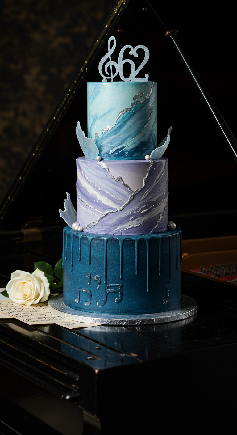 Dreistöckige Torte in Blautönen mit Marmor-Effekt, Silberakzenten und Musiknoten.