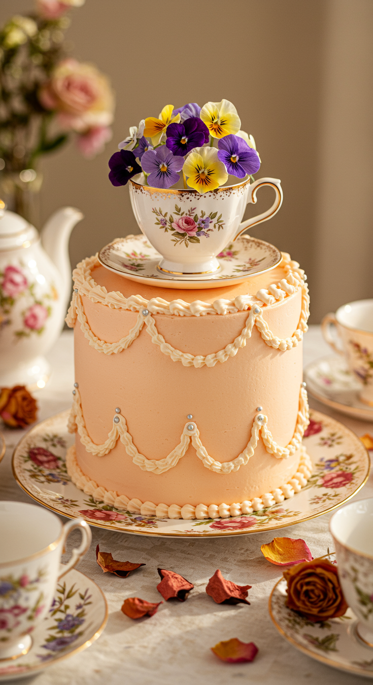 Pfirsichfarbene Torte mit Buttercreme-Girlanden und Teetasse mit Blüten als Topper.