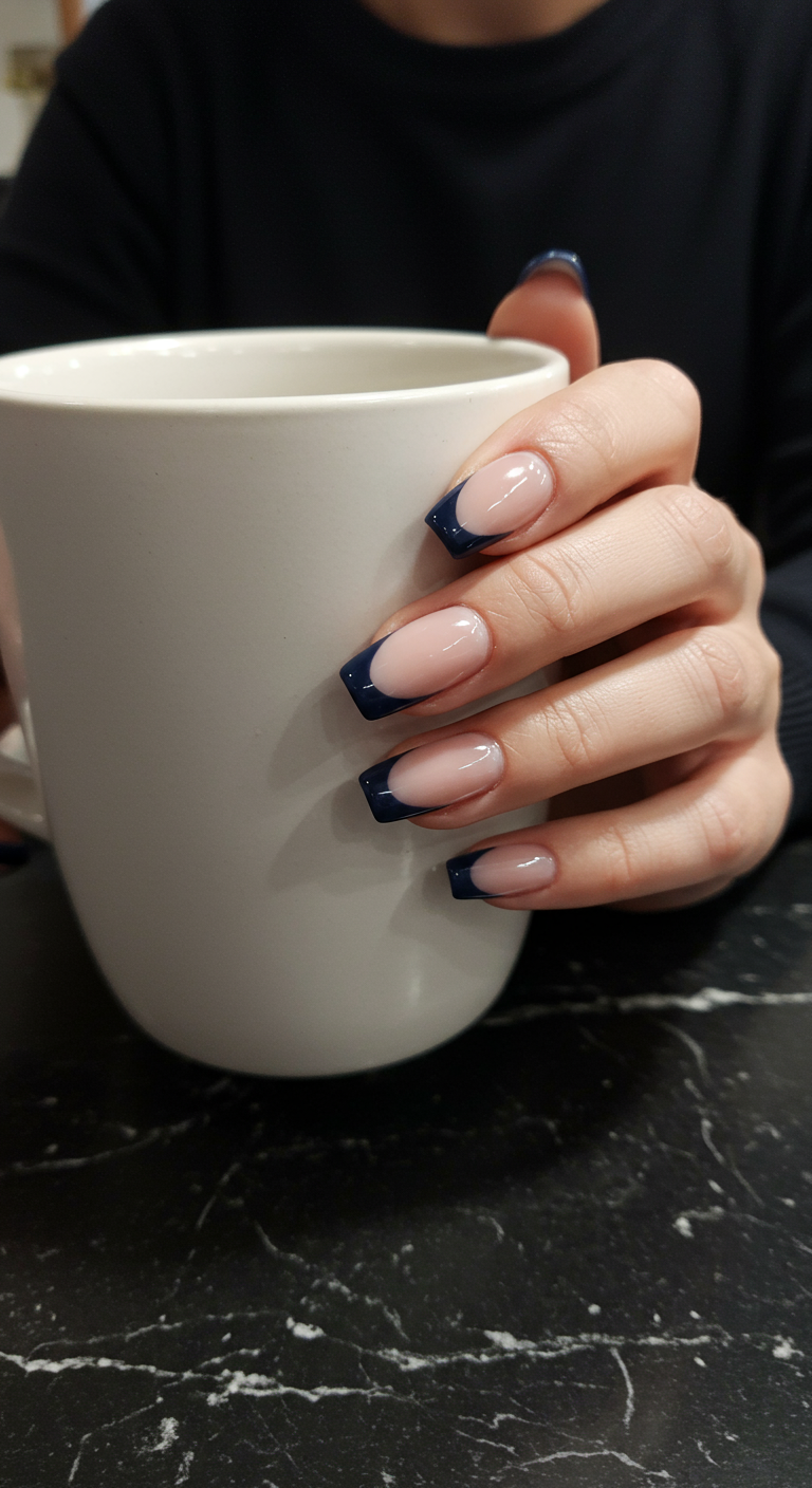 Eckige Nägel mit glänzenden, tiefblauen French-Tips.