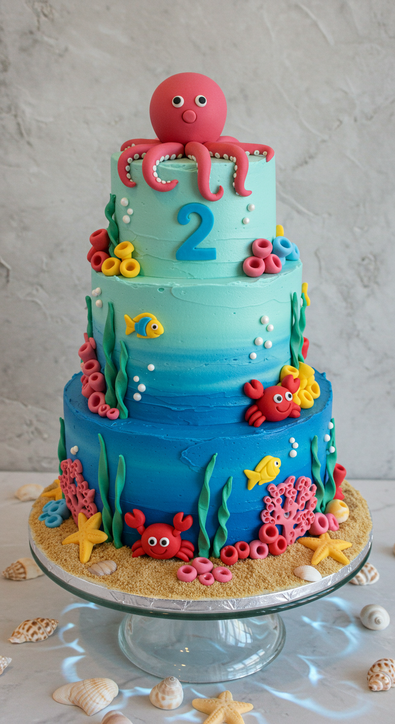 Dreistöckige Unterwasser-Torte mit Oktopus, Fischen, Krebsen und Korallen.