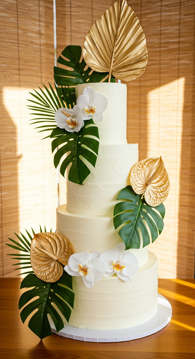 Hohe, weiße Hochzeitstorte mit echten und goldenen Palmblättern und weißen Orchideen.
