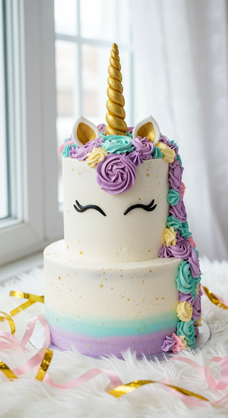 Zweistöckige Einhorntorte mit goldenem Horn, Ohren und bunter Buttercreme-Mähne.