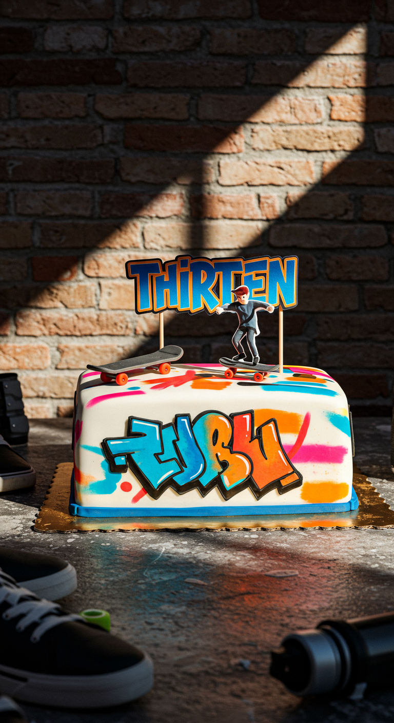 Weiße Torte mit buntem Graffiti, Skateboard-Topper und Schriftzug