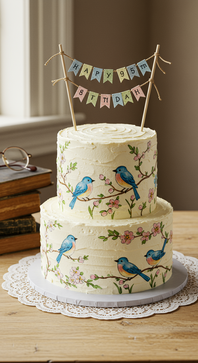 Zweistöckige Buttercreme-Torte mit gemalten Vögeln und „Happy 95th Birthday“-Wimpelkette.