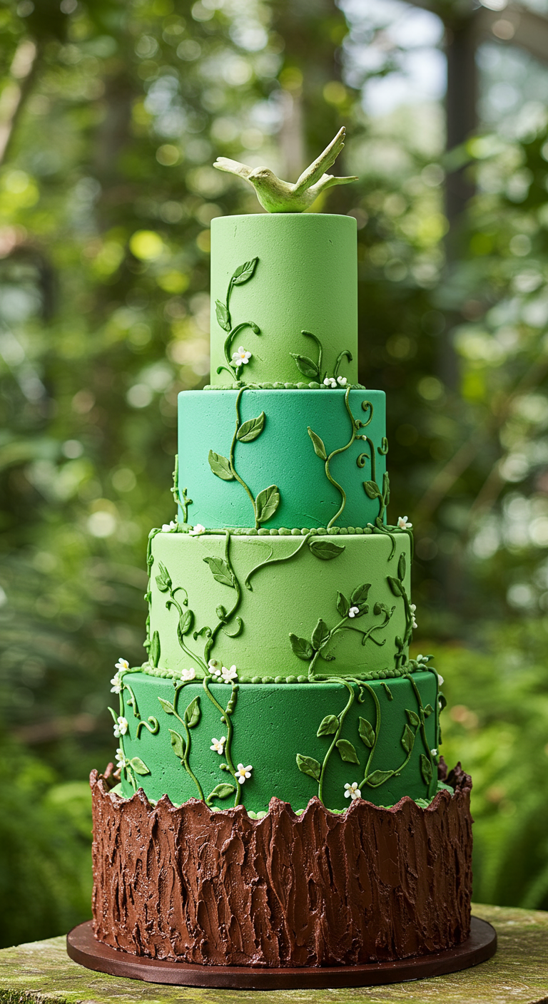 Vierstöckige grüne Torte mit Baumrinden-Optik und Blätterranken.