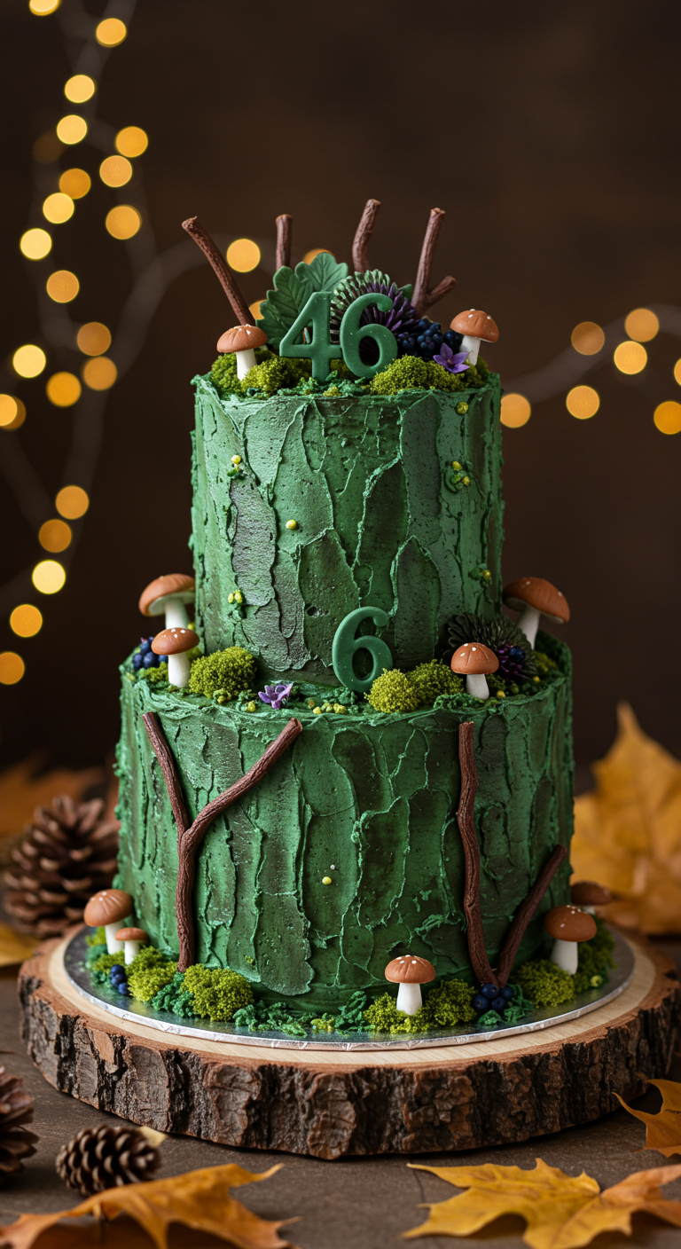 Zweistöckige grüne Waldtorte mit Baumrindenoptik und Pilzdeko.
