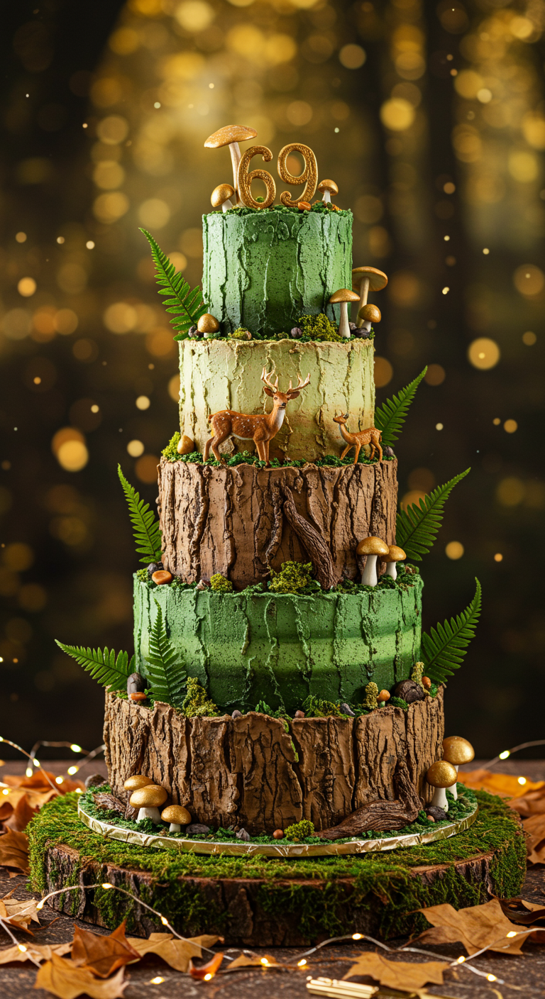 Mehrstöckige Wald-Motivtorte mit Baumrinde, Moos, Pilzen und Rehen.