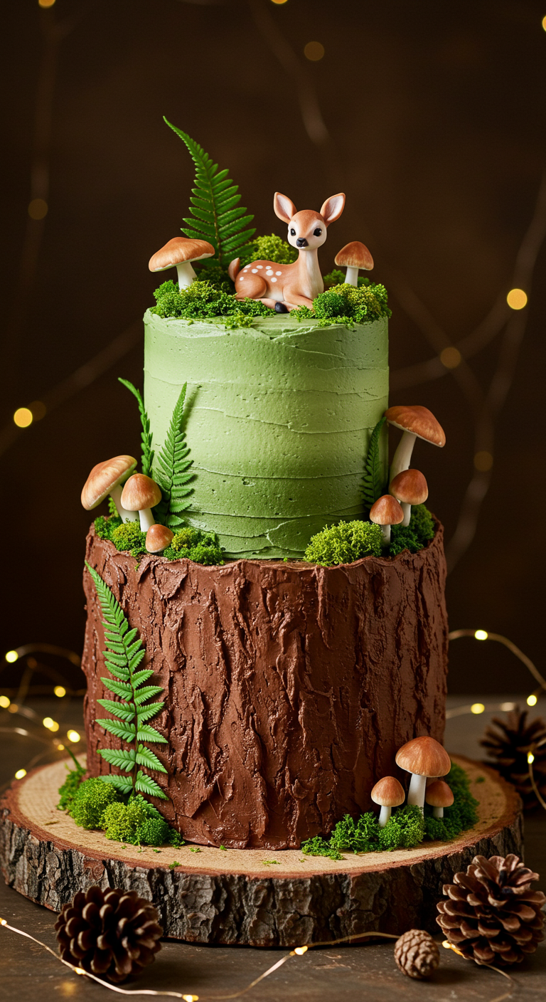 Zweistöckige Waldtorte mit Baumrindenoptik, Moos, Pilzen und Rehkitz-Figur.