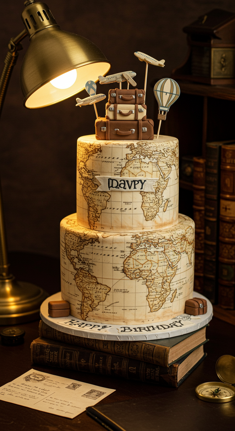 Zweistöckige Torte mit Weltkarten-Motiv und Reise-Deko.
