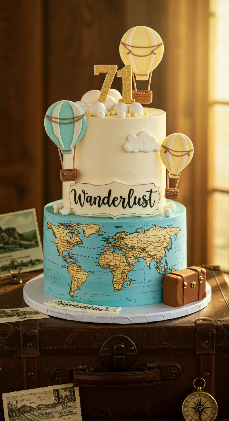 Zweistöckige Torte mit Weltkartenmotiv, Heißluftballons und Schriftzug