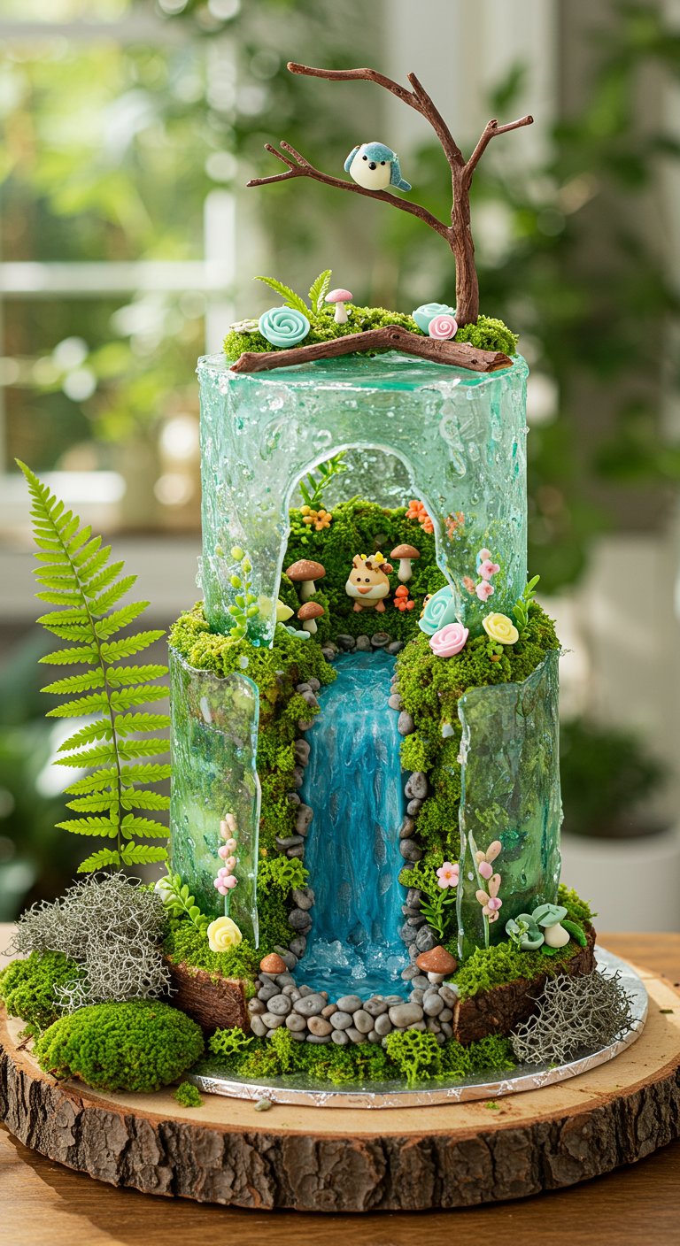 Zweistöckige Märchenlandschaft-Torte mit blauem Isomalt-Wasserfall, Moos-Deko.