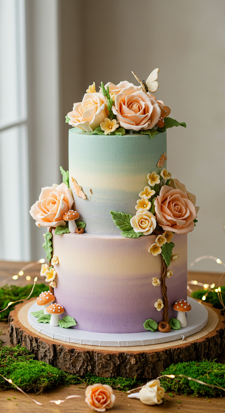 Zweistöckige Ombré-Torte mit Zuckerrosen und Walddeko.