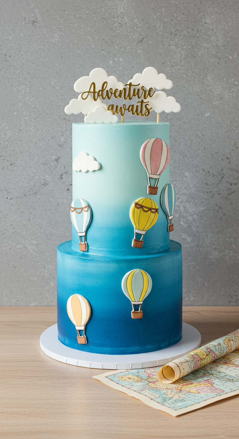 Zweistöckige Ombré-Torte in Blautönen mit Heißluftballon- und Wolken-Deko.