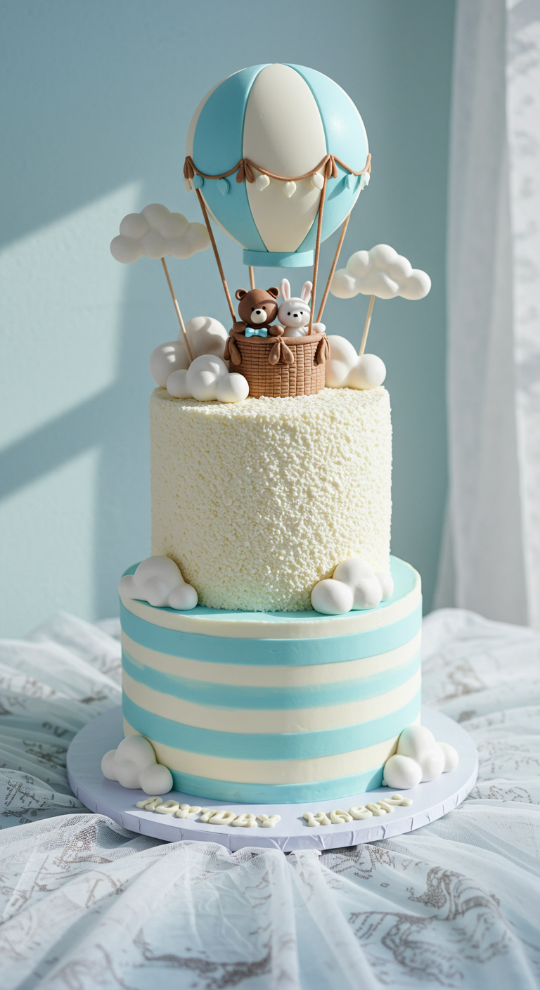 Zweistöckige Torte mit Heißluftballon-Topper, Bärchen und Hase im Korb.