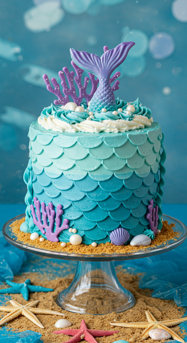 Blaue Meerjungfrauen-Torte mit Schuppenmuster, Schokoladenflosse und Korallen.