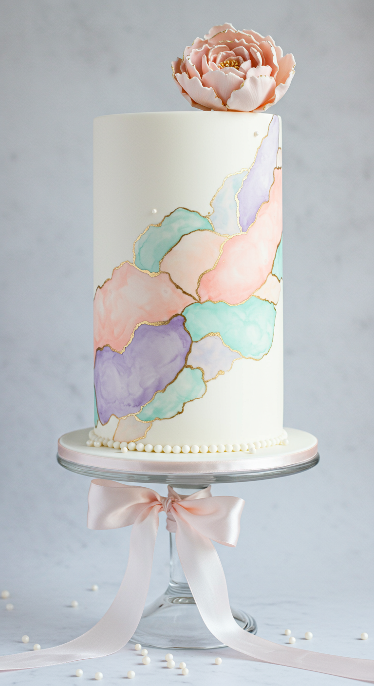 Weiße Torte mit pastellfarbenen Aquarell-Flecken, Goldakzenten und einer rosa Zuckerblume.