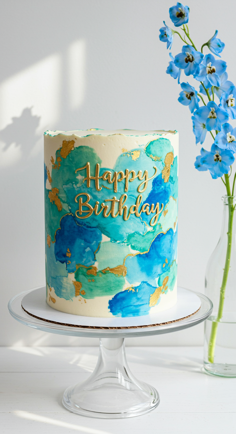 Weiße Torte mit blau-türkisen Aquarell-Effekten und Gold.