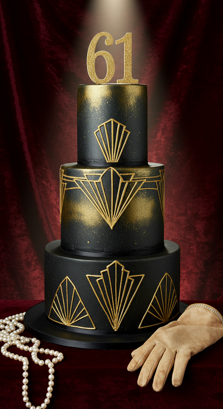 Schwarze dreistöckige Torte mit goldenen Art-Déco-Mustern und Zahl 61.