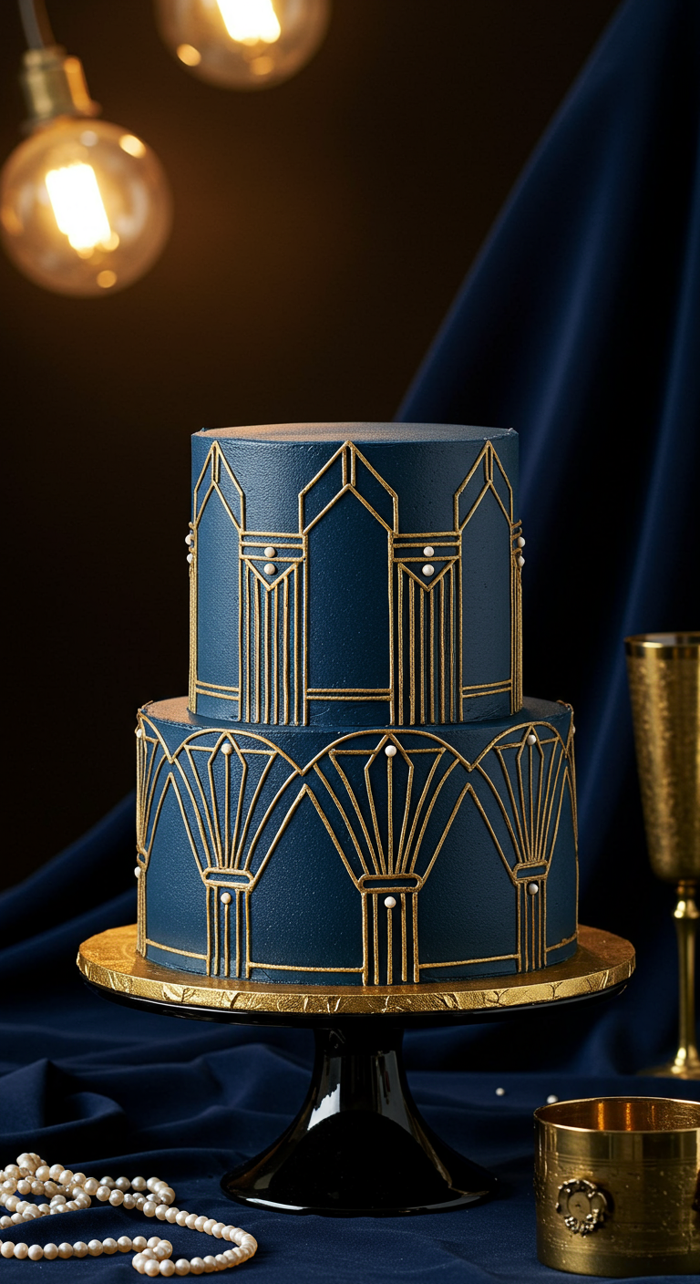 Zweistöckige nachtblaue Torte mit goldenen Art-Déco-Mustern und Perlen.