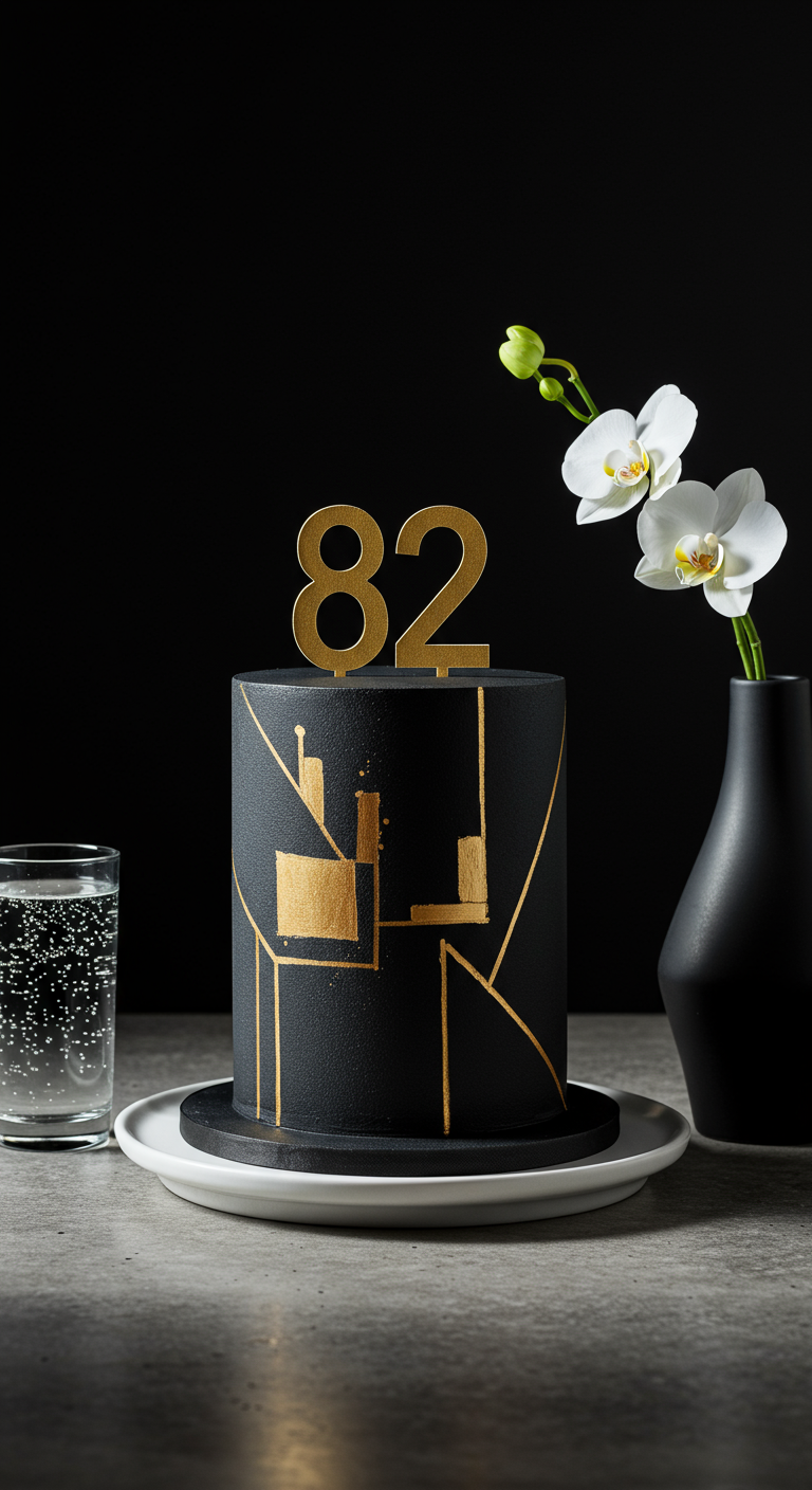 Schwarzer Kuchen mit goldenen geometrischen Linien, Art-Déco-Stil, Zahl 82.